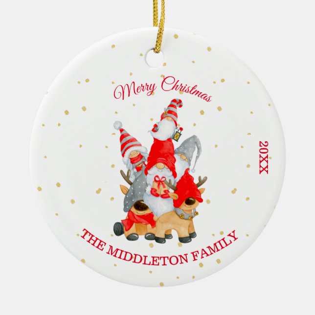 Weihnachts-Foto Merry Gruß Hirsche Gnome Keramik Ornament (Vorne)