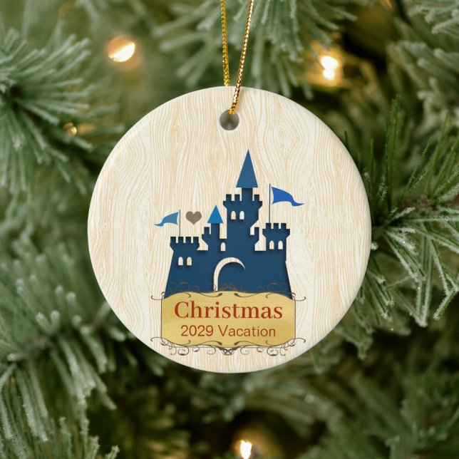 Weihnachts-Foto mit Burg auf der Rückseite Keramik Ornament (Baum)