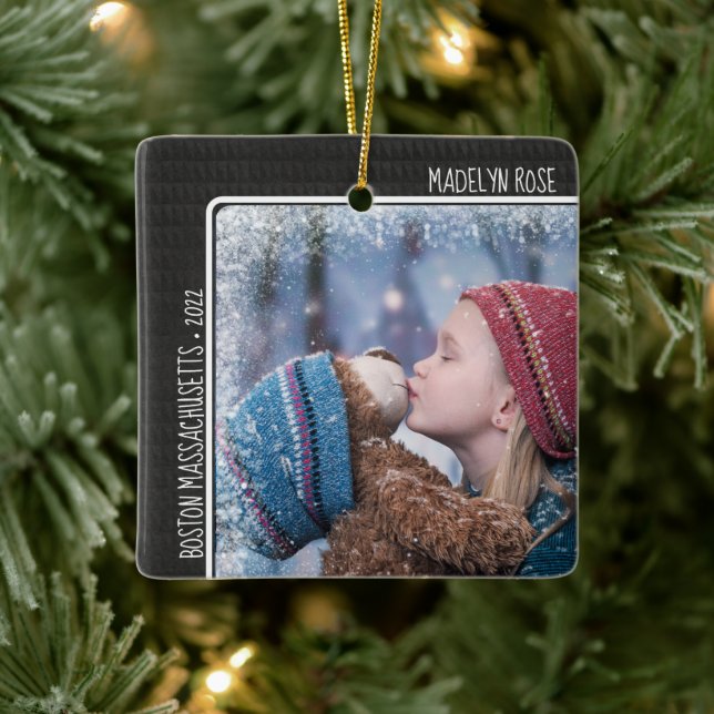 Weihnachts-Foto Personalisierter Text Feiertag Sak Keramikornament (Baum)