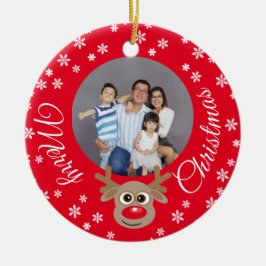 Weihnachts-Foto Red Niedlich Reindeer Weiße Schrif Keramik Ornament