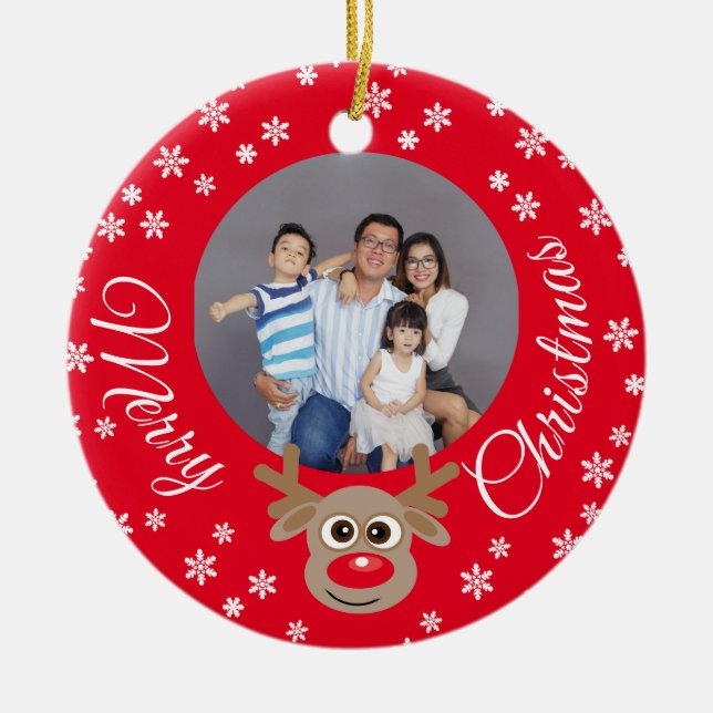 Weihnachts-Foto Red Niedlich Reindeer Weiße Schrif Keramik Ornament (Vorne)
