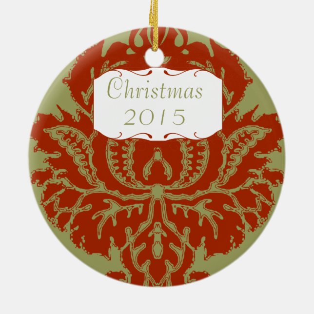 Weihnachts-Foto Russet Red Big Damask Keramikornament (Hinten)