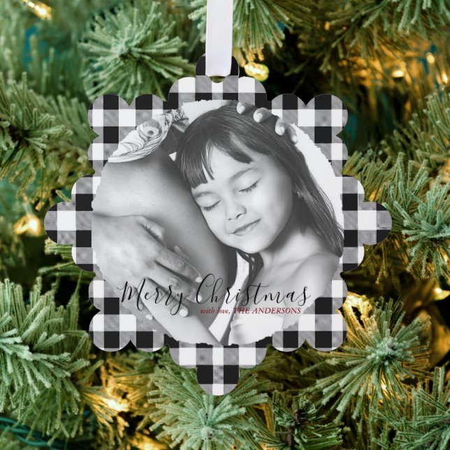 Weihnachts-Foto Schwarz-weiß Kariert Gingham Patte Ornament Karte (Insitu (Baum))