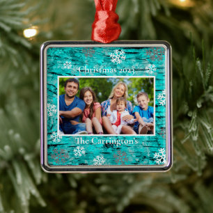 Weihnachts-Foto Snowflakes Name Blue Metallic Meta Ornament Aus Metall