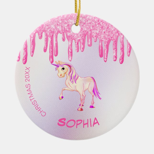 Weihnachts-Foto Unicorn Rosa Glitzer Girly Keramik Ornament (Vorne)