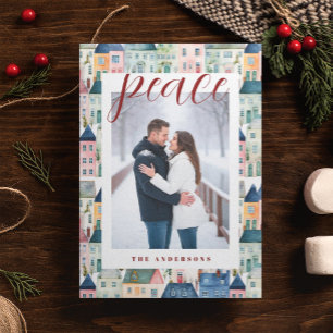 Weihnachts-Foto Wasserfarbige Häuser Rot Feiertagspostkarte