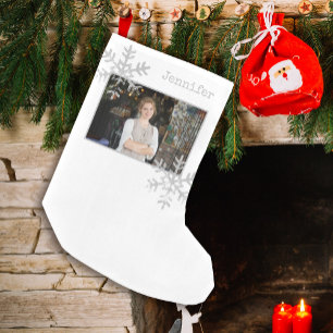 Weihnachts-Foto Weiße beängstigende Schneeflocke Kleiner Weihnachtsstrumpf