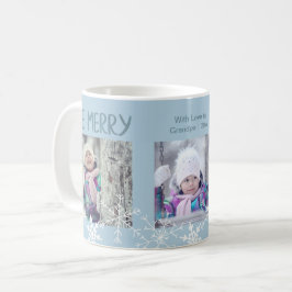 Weihnachts FotoCollage Be Merry Schneeflocken Blau Kaffeetasse