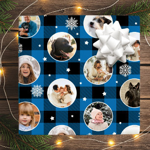 Weihnachts-Fotocollage Blau Buffalo Karo Benutzerd Geschenkpapier