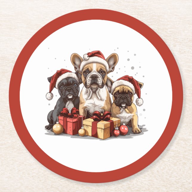 Weihnachts-Französisch-Bulldogs-Weihnachtsmannmütz Runder Pappuntersetzer (Vorderseite)