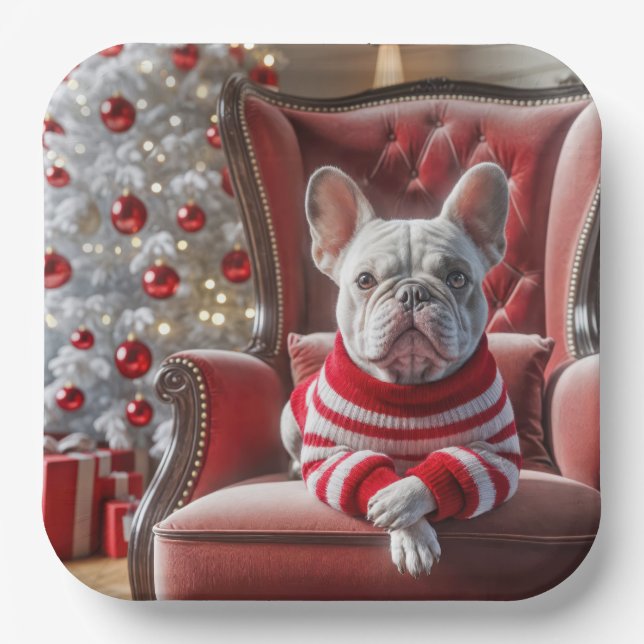 Weihnachts Französischer Bulldog auf dem Stuhl Pappteller (Vorderseite)