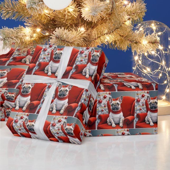 Weihnachts Französischer Bulldog auf einem roten S Geschenkpapier (Feiertage)