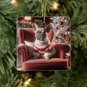 Weihnachts Französischer Bulldog auf einem roten S Keramikornament