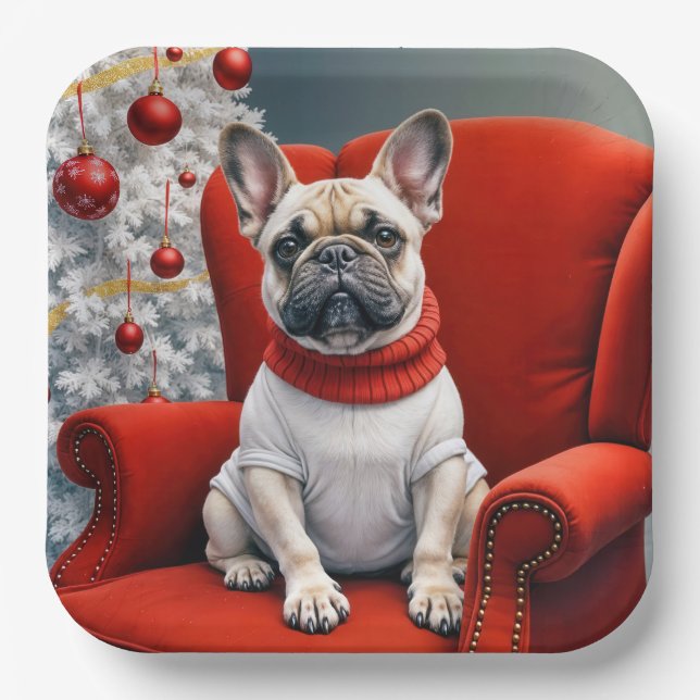 Weihnachts Französischer Bulldog auf einem roten S Pappteller (Vorderseite)