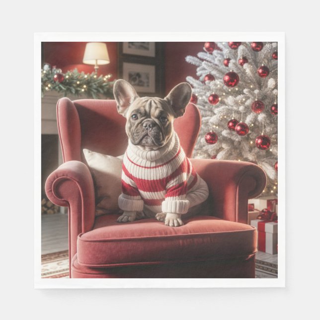 Weihnachts Französischer Bulldog auf einem roten S Serviette (Vorderseite)
