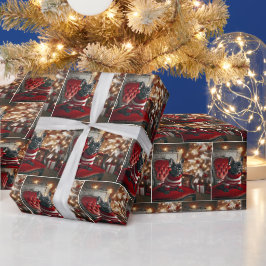 Weihnachts Französischer Bulldog auf rotem Stuhl Geschenkpapier