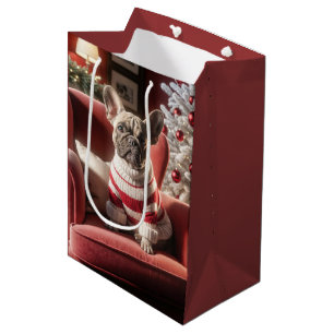 Weihnachts Französischer Bulldog auf rotem Stuhl Mittlere Geschenktüte
