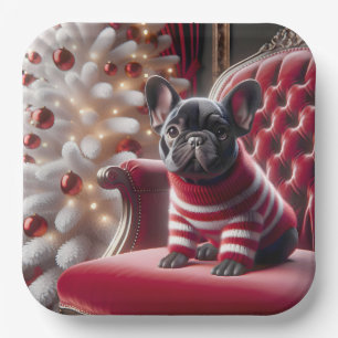Weihnachts Französischer Bulldog auf rotem Stuhl Pappteller