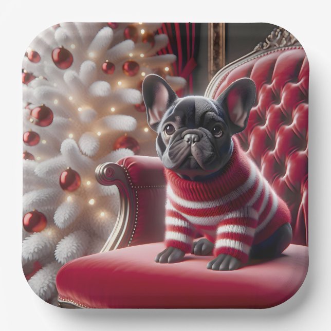 Weihnachts Französischer Bulldog auf rotem Stuhl Pappteller (Vorderseite)