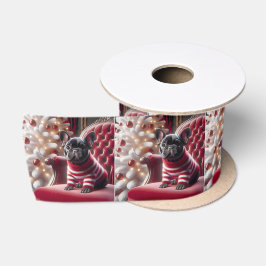 Weihnachts Französischer Bulldog auf rotem Stuhl Satinband