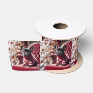 Weihnachts Französischer Bulldog auf rotem Stuhl Satinband