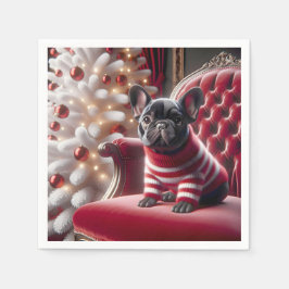 Weihnachts Französischer Bulldog auf rotem Stuhl Serviette
