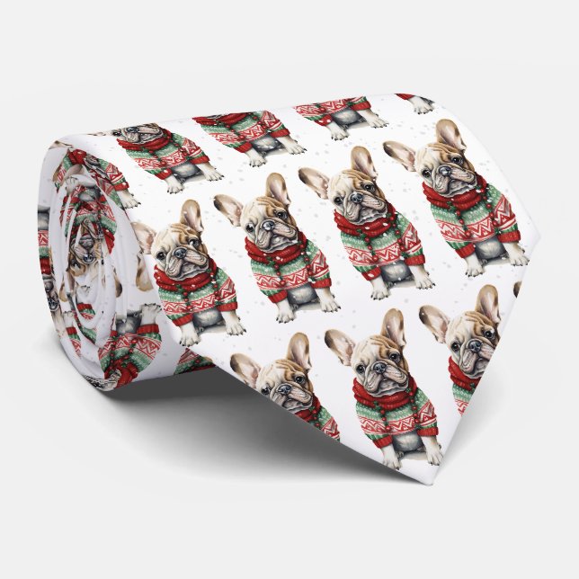 Weihnachts Französischer Bulldog in Schneeflocken Krawatte (Gerollt)