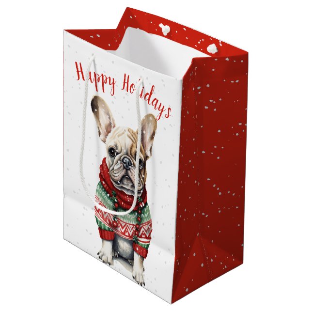 Weihnachts Französischer Bulldog in Schneeflocken Mittlere Geschenktüte (Vorderseite Schrägansicht)