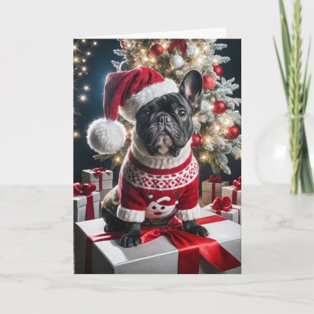 Weihnachts-Französischer Bulldog mit Weihnachtsman Karte (Vorderseite)