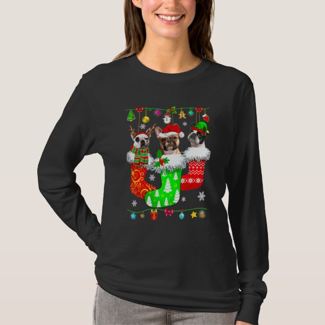 Weihnachts Französischer Bulldog Santa Socks Match T-Shirt (Vorderseite)