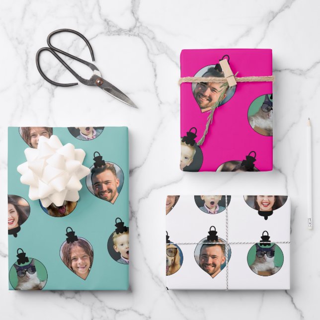 Weihnachts-Funny Family Foto Faces Ornamente Geschenkpapier Set (Vorderseite)