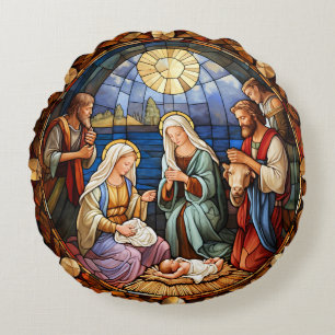 Weihnachts-Geburts-Darstellung in Buntglas Rundes Kissen
