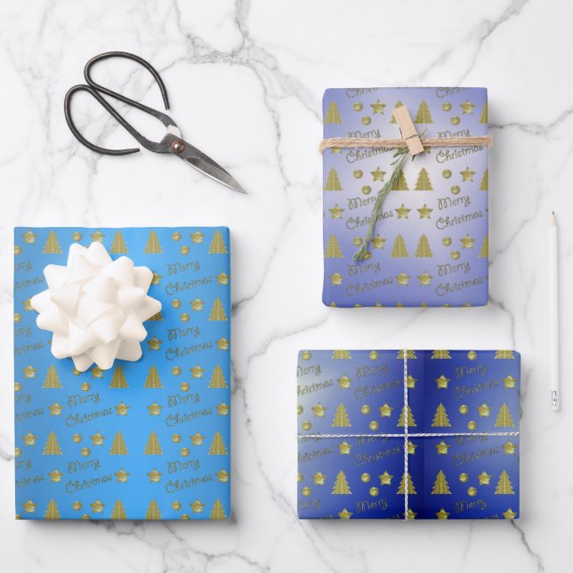 Weihnachts-Gefühl - goldene Sterne, Weihnachtsbäum Geschenkpapier Set (Vorderseite)