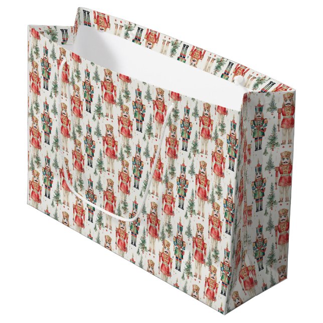 Weihnachts-gekachelte Nussknackwasserfarbe Große Geschenktüte (Vorderseite Schrägansicht)
