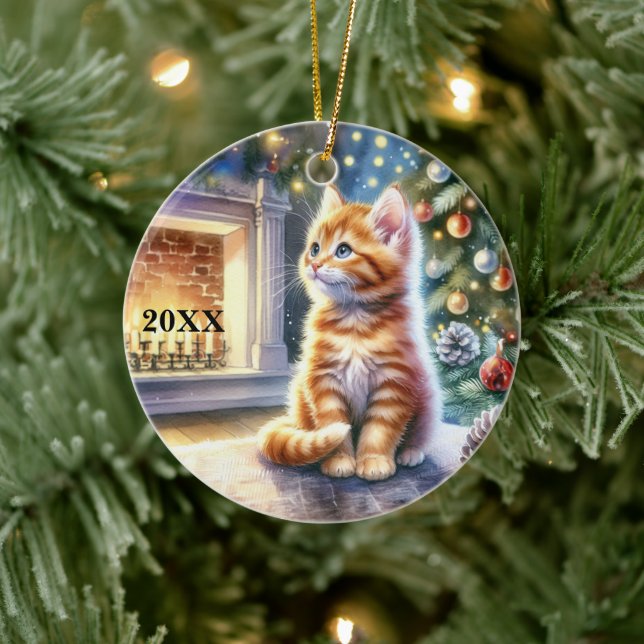 Weihnachts-Gelb-Kätzchen Maßgeschneiderte Datums-O Keramik Ornament (Baum)