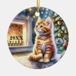 Weihnachts-Gelb-Kätzchen Maßgeschneiderte Datums-O Keramik Ornament