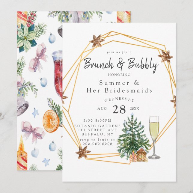 Weihnachts Geometric Gold Brunch und Bubbly Einlad Einladung (Vorne/Hinten)