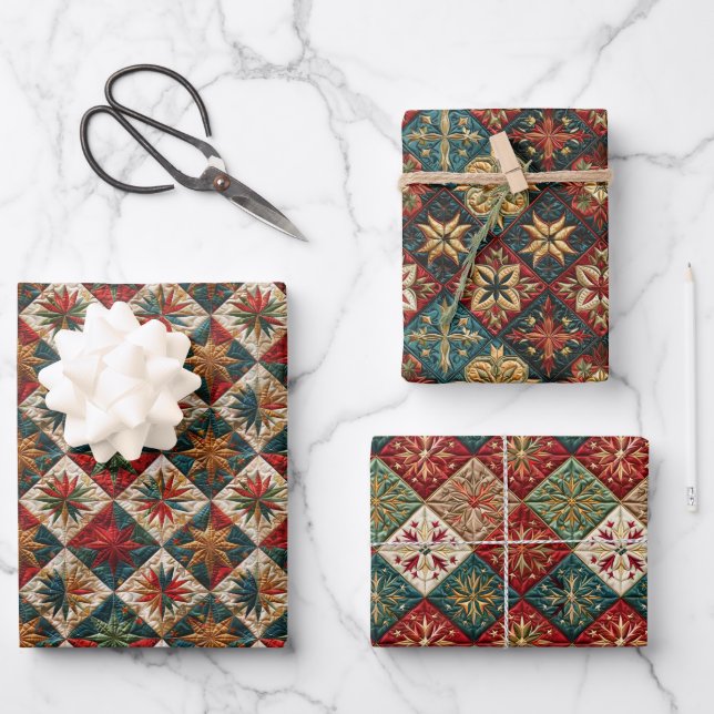 Weihnachts-gequiltes Muster Geschenkpapier Set (Vorderseite)