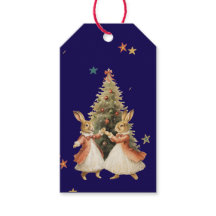 WEIHNACHTS-GESCHENKETIKETT TANZENDE HASEN MIT BAUM