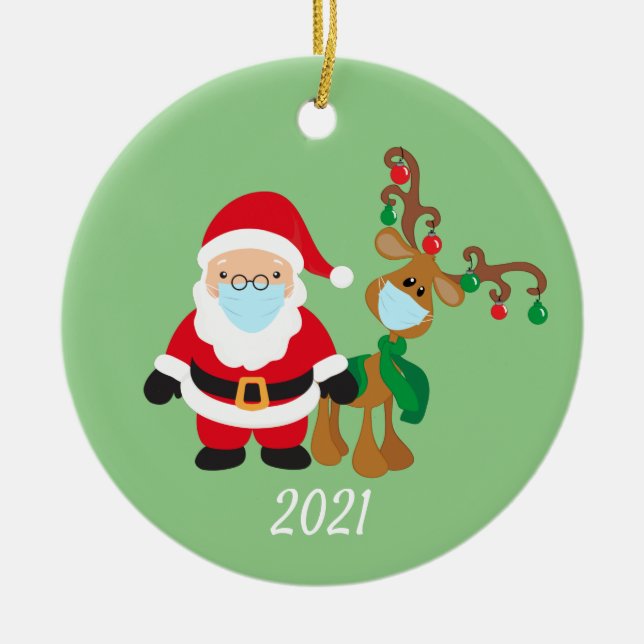 Weihnachts-Gesichtsmaske Santa und Reindeer 2021 Keramik Ornament (Vorne)