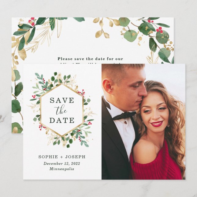Weihnachts-Gilded-Grün auf Weiß | FOTO Save The Date (Vorne/Hinten)