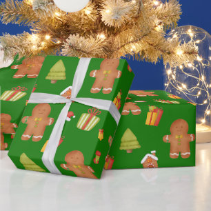 Weihnachts-Gingerbread-Cookies und Geschenke Grün Geschenkpapier