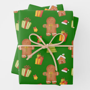 Weihnachts-Gingerbread-Cookies und Geschenke Grün Geschenkpapier Set