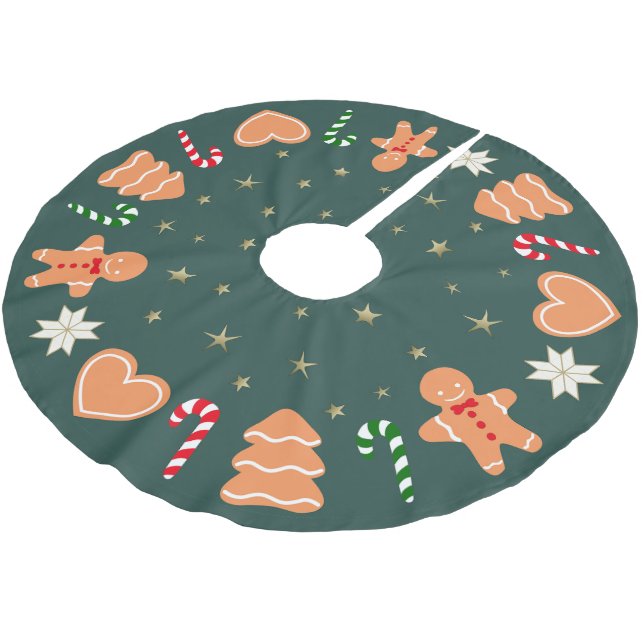 Weihnachts-Gingerbread-Kekse Dunkler grüner Baumsc Polyester Weihnachtsbaumdecke (Schrägansicht)