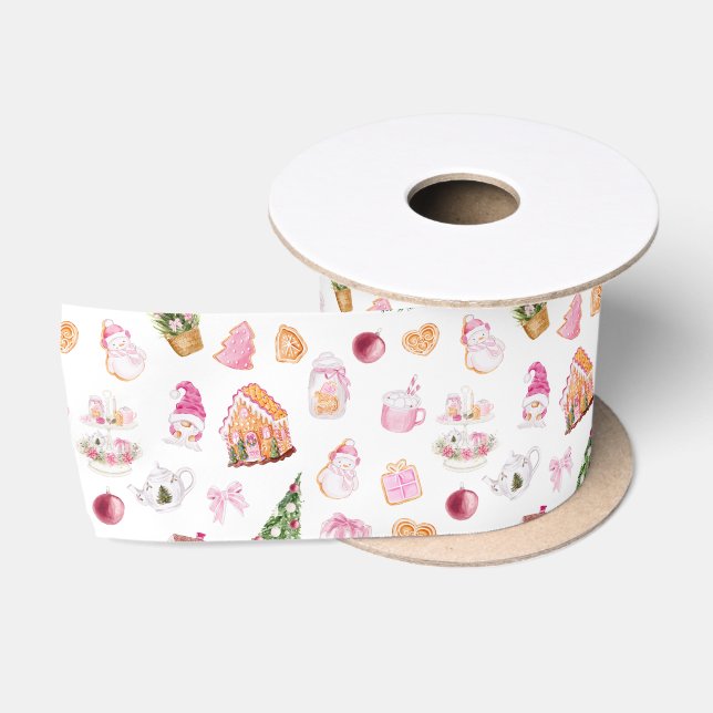 Weihnachts-Gingerbread Pink Satinband (Spule)