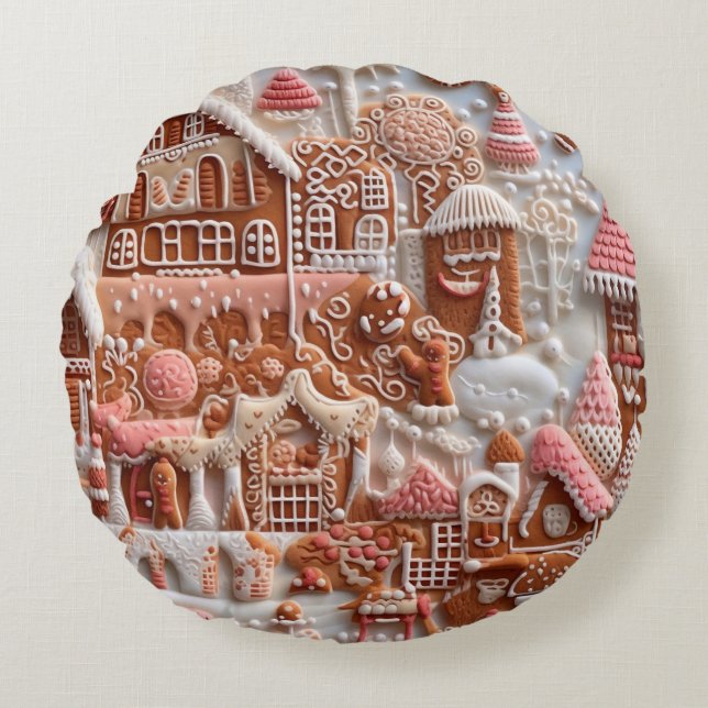 Weihnachts-Gingerbrot-Haus Rundes Kissen (Vorderseite)
