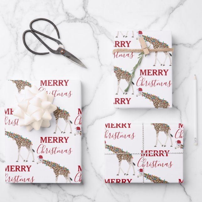 Weihnachts-Giraffe Funny Animal mit Weihnachtsmann Geschenkpapier Set (Vorderseite)