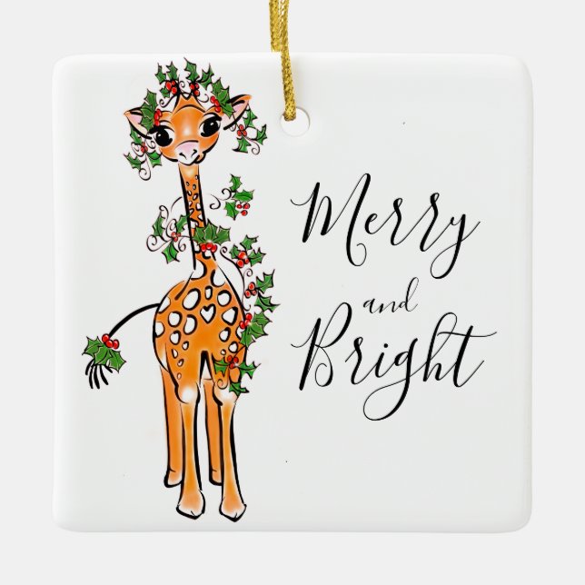 Weihnachts-Giraffe, Rot-Grün-Garten Keramikornament (Vorderseite)