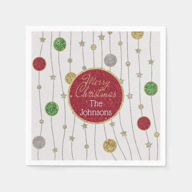 Weihnachts-Glitterie Bunte Ornamente Serviette (Vorderseite)