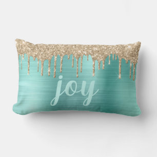 Weihnachts-Glitzer Tropfen Aquamarin Metallic Typo Lendenkissen